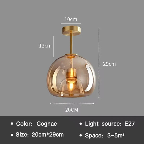Modern Nordic Ceiling Lamp with Cognac Glass Shade – LED Ceiling Lights for Dining Room and Living Spaces
