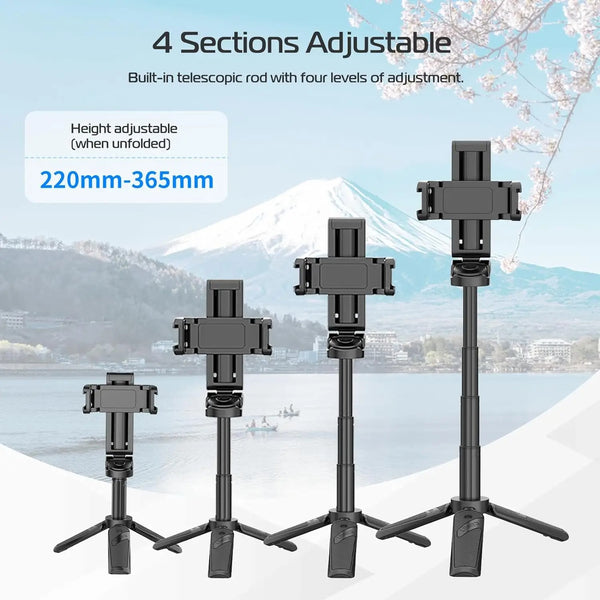 Bluetooth Selfie Stick with Tripod – 4-Section Stretchable Rotating Handle for Stable Shots
