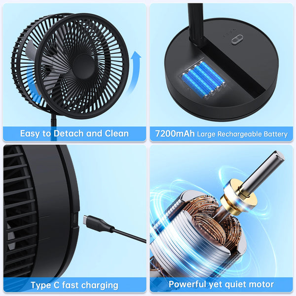 7200mAh Rechargeable Folding Floor Fan with Remote and 4 Speeds