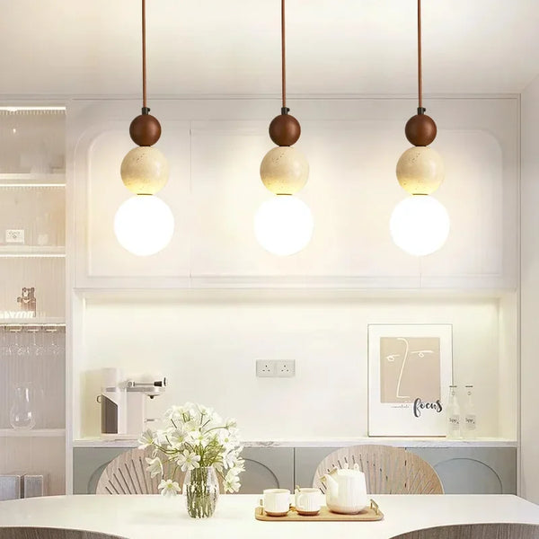 Cream Pendant Lamp – LED Chandelier for Bedroom and Restaurant – Stylish Wood and Stone Design