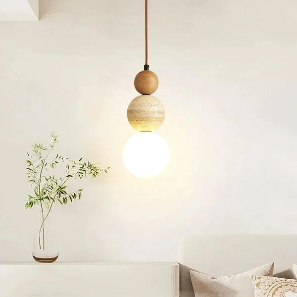 Cream Pendant Lamp – LED Chandelier for Bedroom and Restaurant – Stylish Wood and Stone Design