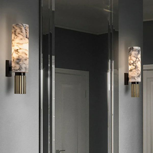 Modern Natural Marble Wall Lamp with Copper Accents – Elegant Wall Sconce Lighting for Bedroom and Corridor