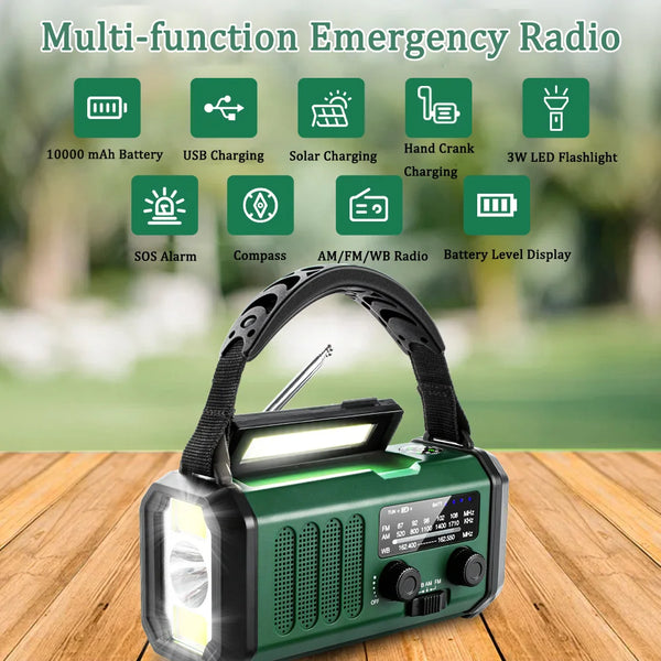 10000mAh Solar Hand Crank Emergency Radio with NOAA, Flashlight, and Power Bank