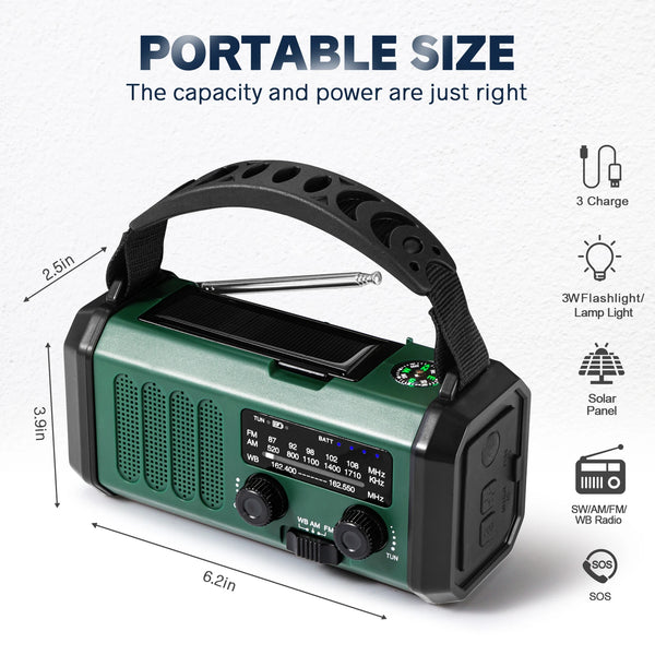 10000mAh Solar Hand Crank Emergency Radio with NOAA, Flashlight, and Power Bank