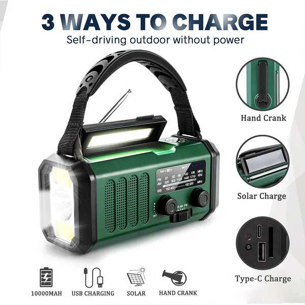 10000mAh Solar Hand Crank Emergency Radio with NOAA, Flashlight, and Power Bank
