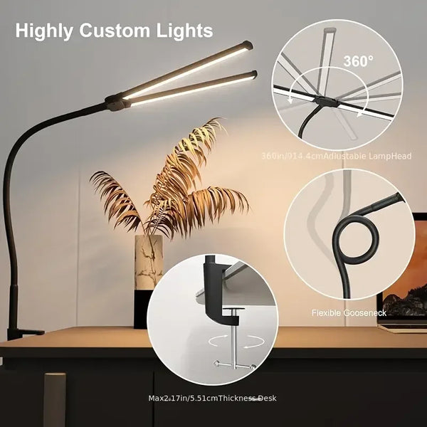 Double Head Dimmable LED Desk Lamp with Clamp for Home Office