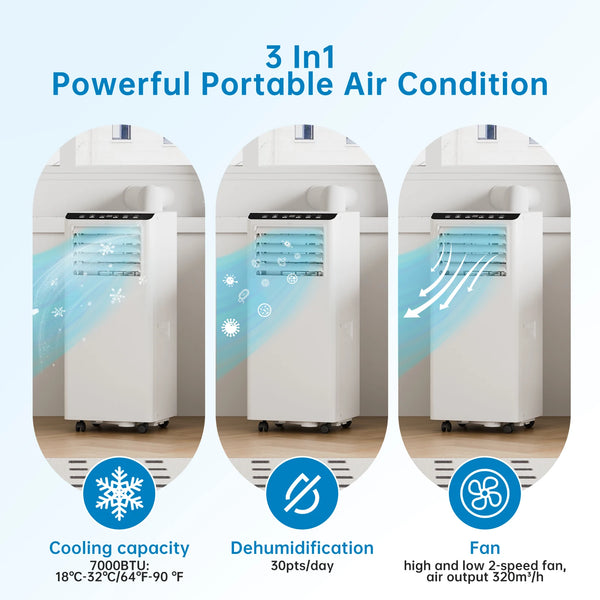 4-in-1 Portable Air Conditioner 7000BTU with Dehumidifier Fan Sleep Mode and Window Kit