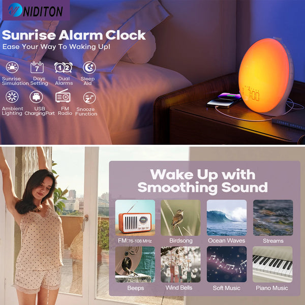Sunrise Alarm Clock with FM Radio, Dual Alarms, Night Light, and 15 Color Options – Wake Up Light for Gentle Mornings