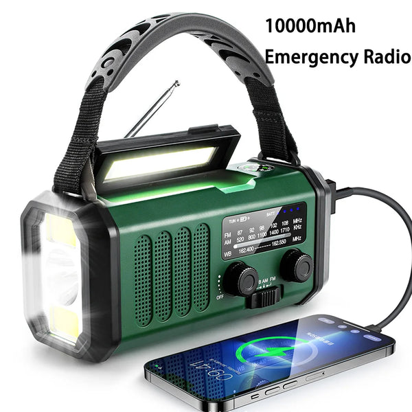 10000mAh Solar Hand Crank Emergency Radio with NOAA, Flashlight, and Power Bank