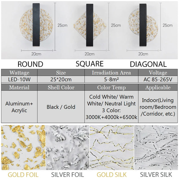 Modern LED Wall Lamp with Gold Foil Finish – 10W Acrylic Wall Sconce for Indoor Bedroom and Living Room Lighting-2