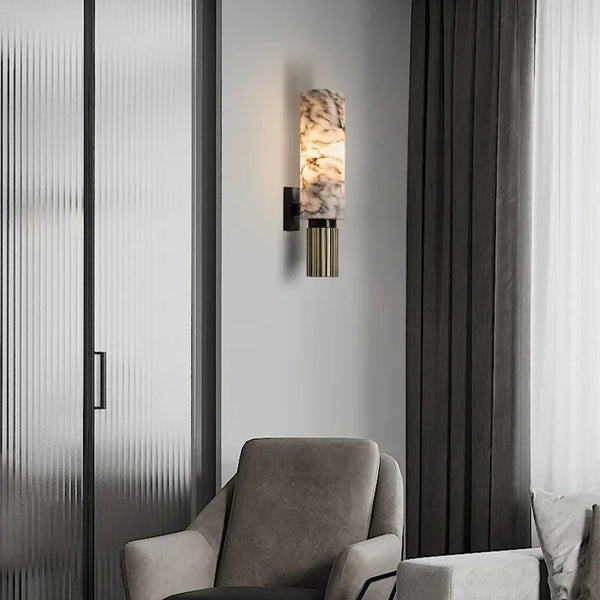 Modern Natural Marble Wall Lamp with Copper Accents – Elegant Wall Sconce Lighting for Bedroom and Corridor