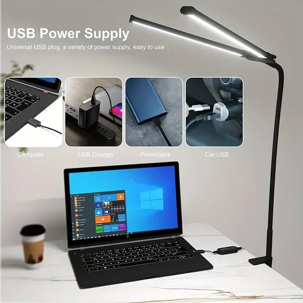 Double Head Dimmable LED Desk Lamp with Clamp for Home Office