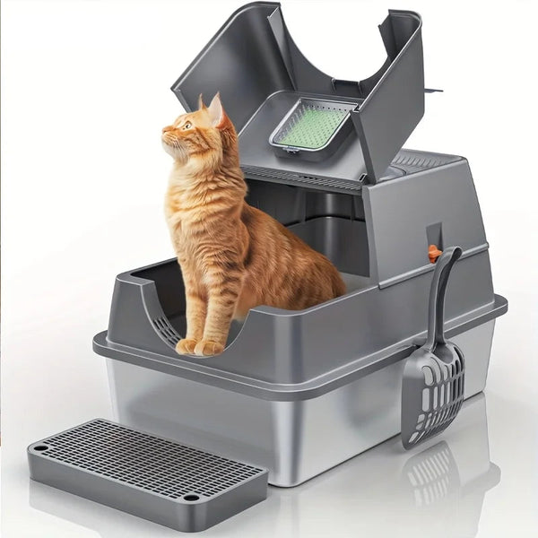 Stainless Steel Cat Litter Box with Lid - Odor-Proof Design for Easy Cleaning 0