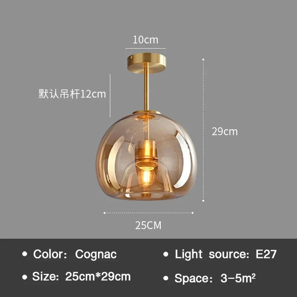 Modern Nordic Ceiling Lamp with Cognac Glass Shade – LED Ceiling Lights for Dining Room and Living Spaces