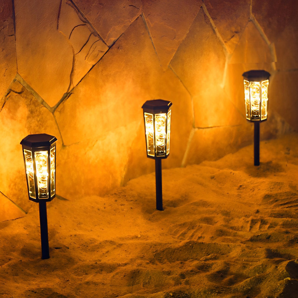 Solar Lawn Lights Outdoor Set of 2 Hexagonal LED Motion Sensor Black Garden Stake Lamp