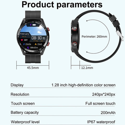 Waterproof Men's Bluetooth Smartwatch with ECG, PPG, Heart Rate & Oxygen Monitor