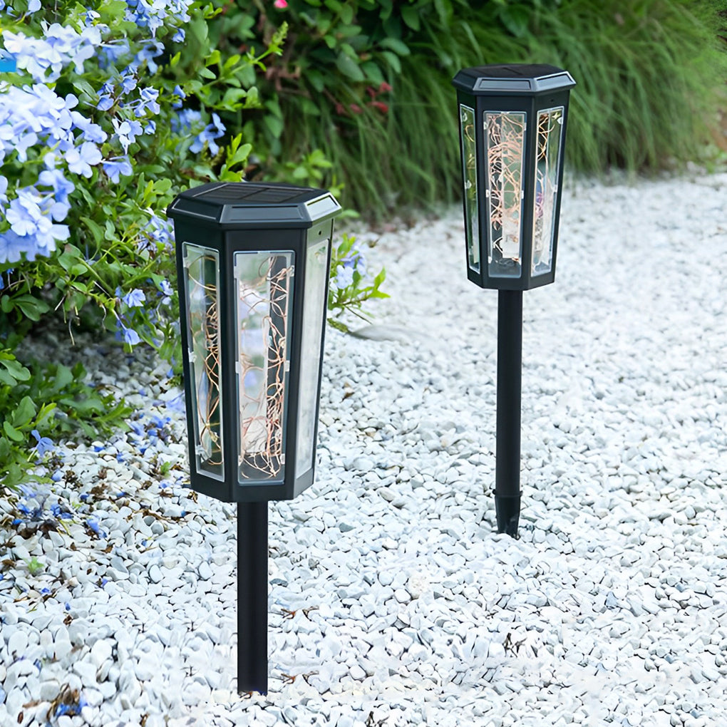 Solar Lawn Lights Outdoor Set of 2 Hexagonal LED Motion Sensor Black Garden Stake Lamp