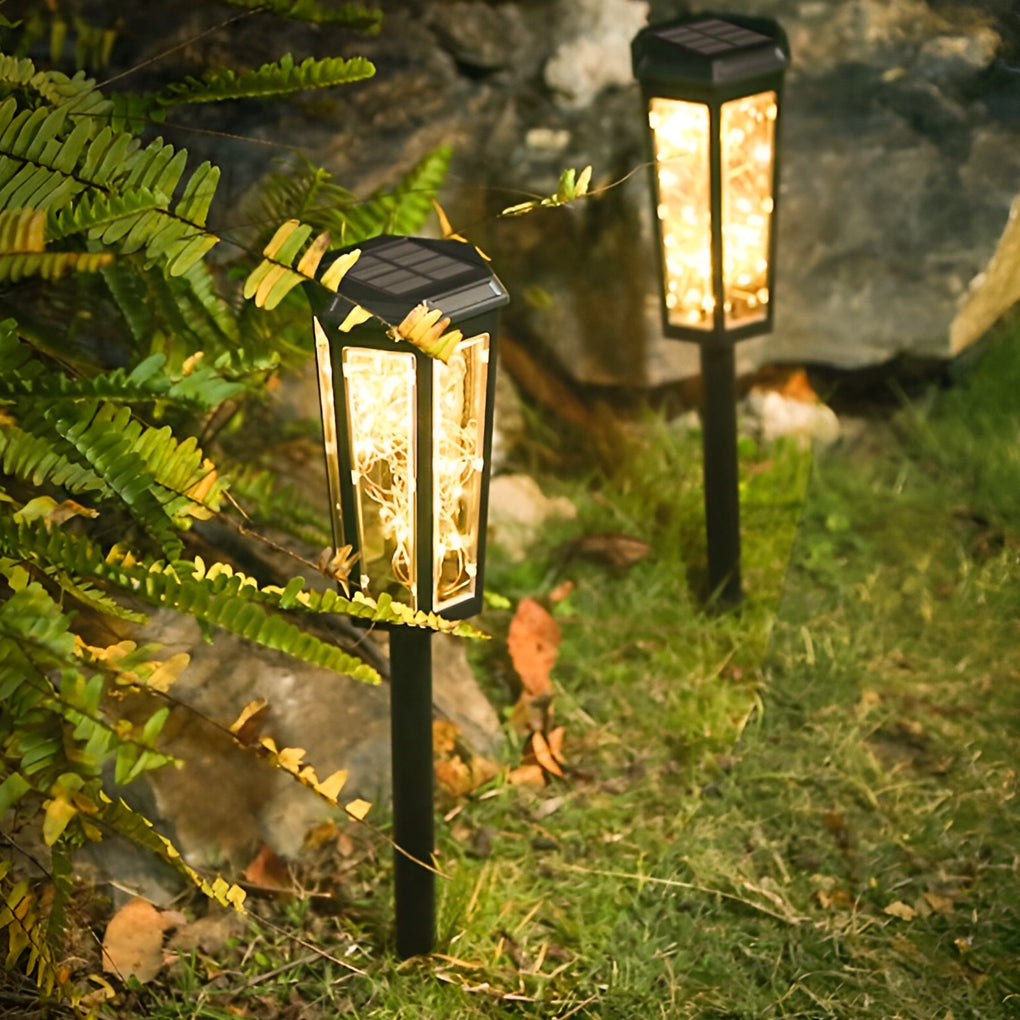 Solar Lawn Lights Outdoor Set of 2 Hexagonal LED Motion Sensor Black Garden Stake Lamp