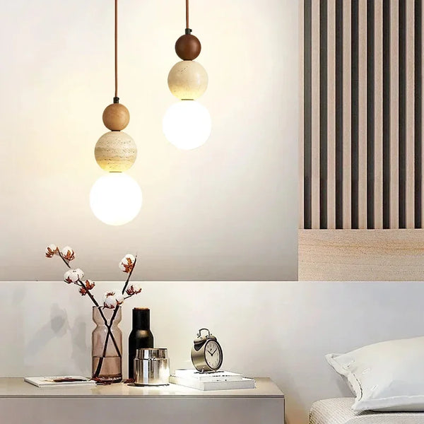 Cream Pendant Lamp – LED Chandelier for Bedroom and Restaurant – Stylish Wood and Stone Design