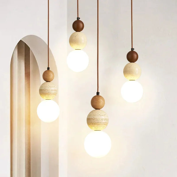 Cream Pendant Lamp – LED Chandelier for Bedroom and Restaurant – Stylish Wood and Stone Design