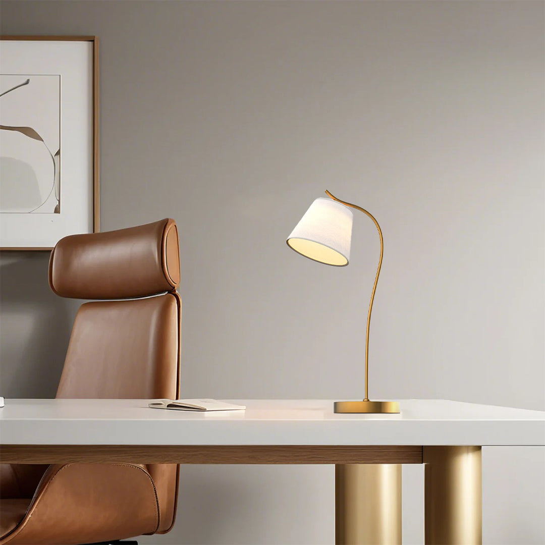 Desk Lamp Gooseneck Gold Copper Linen Cone Shade Modern Home Office Study Bedside