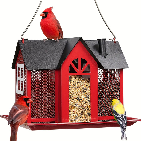Metal Mesh Bird Feeder House with Triple Feeders - Large Capacity for Wild Birds 0
