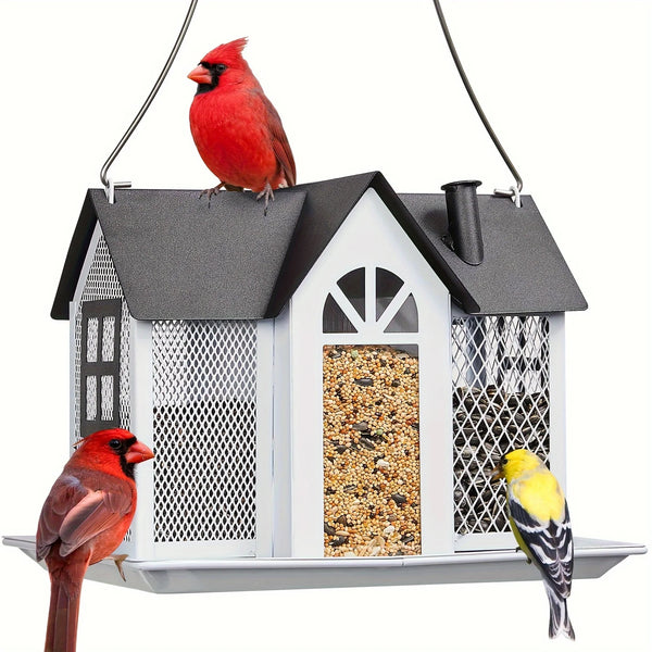 Metal Mesh Bird Feeder House with Triple Feeders - Large Capacity for Wild Birds 6