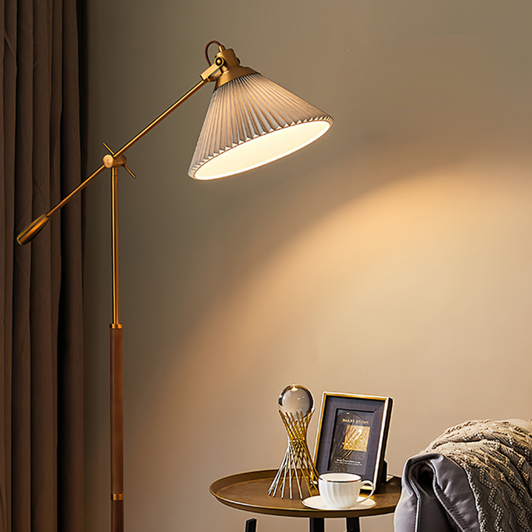 Floor Lamp Adjustable Swing Arm Retro Wood Base Fabric Shade Bedroom Reading Room Lamp