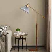 Floor Lamp Adjustable Swing Arm Retro Wood Base Fabric Shade Bedroom Reading Room Lamp