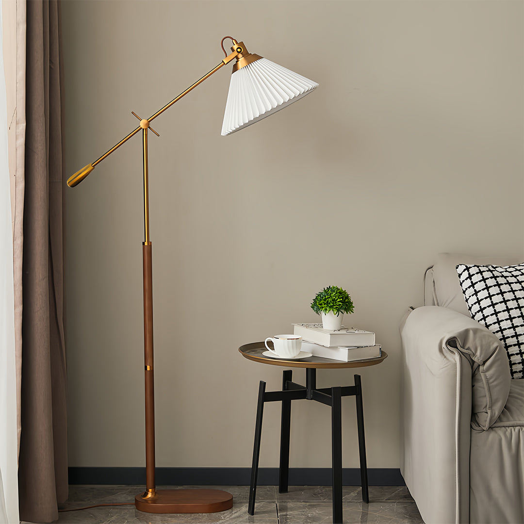 Floor Lamp Adjustable Swing Arm Retro Wood Base Fabric Shade Bedroom Reading Room Lamp