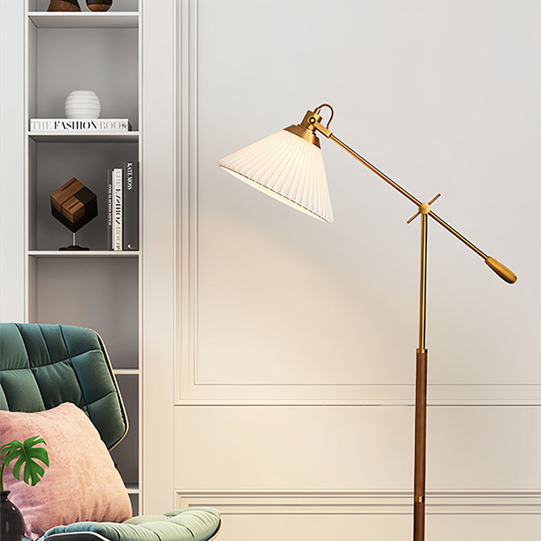 Floor Lamp Adjustable Swing Arm Retro Wood Base Fabric Shade Bedroom Reading Room Lamp