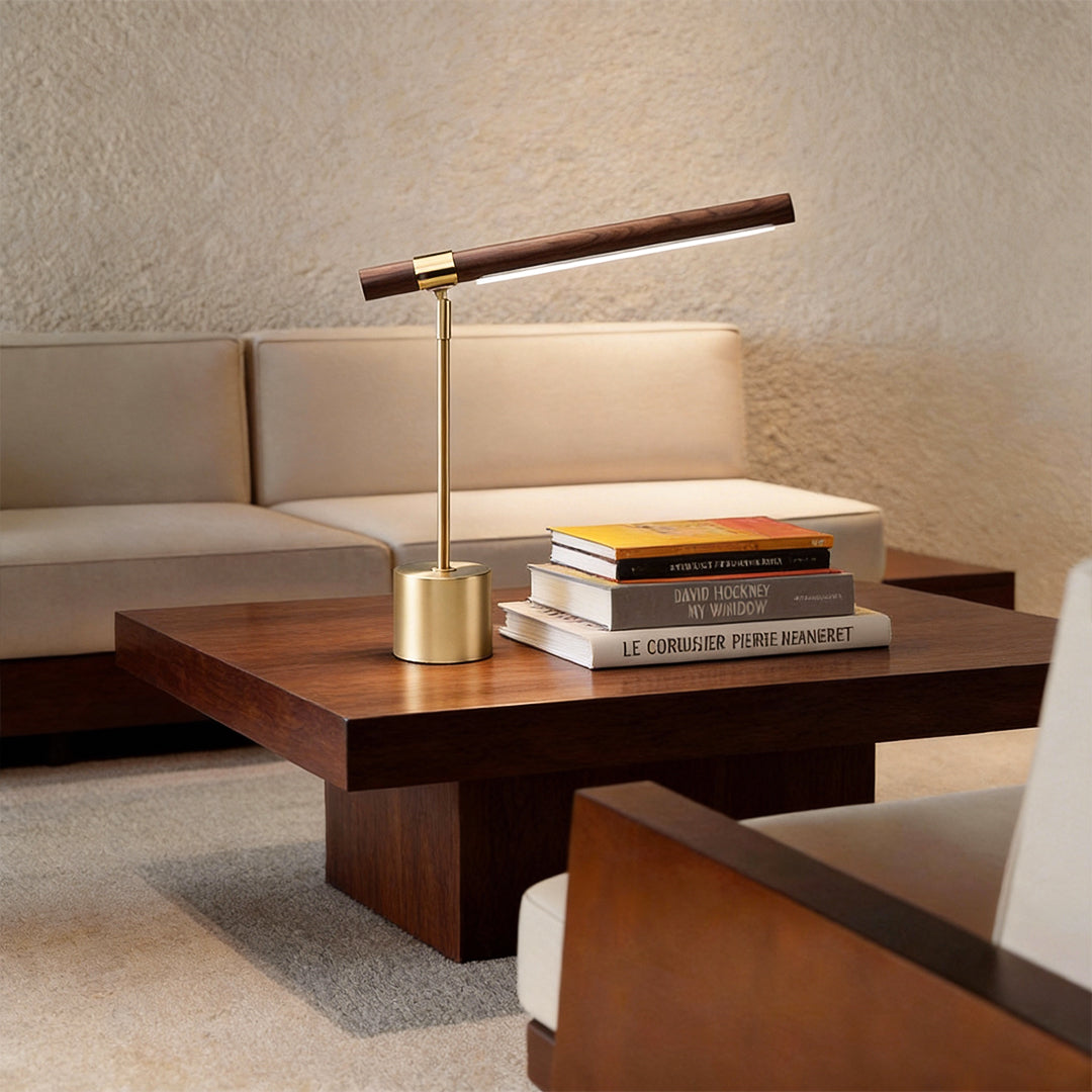 Desk Lamp Wood and Brass LED Linear Mid-Century Modern Dimmable Bedroom Bedside Study