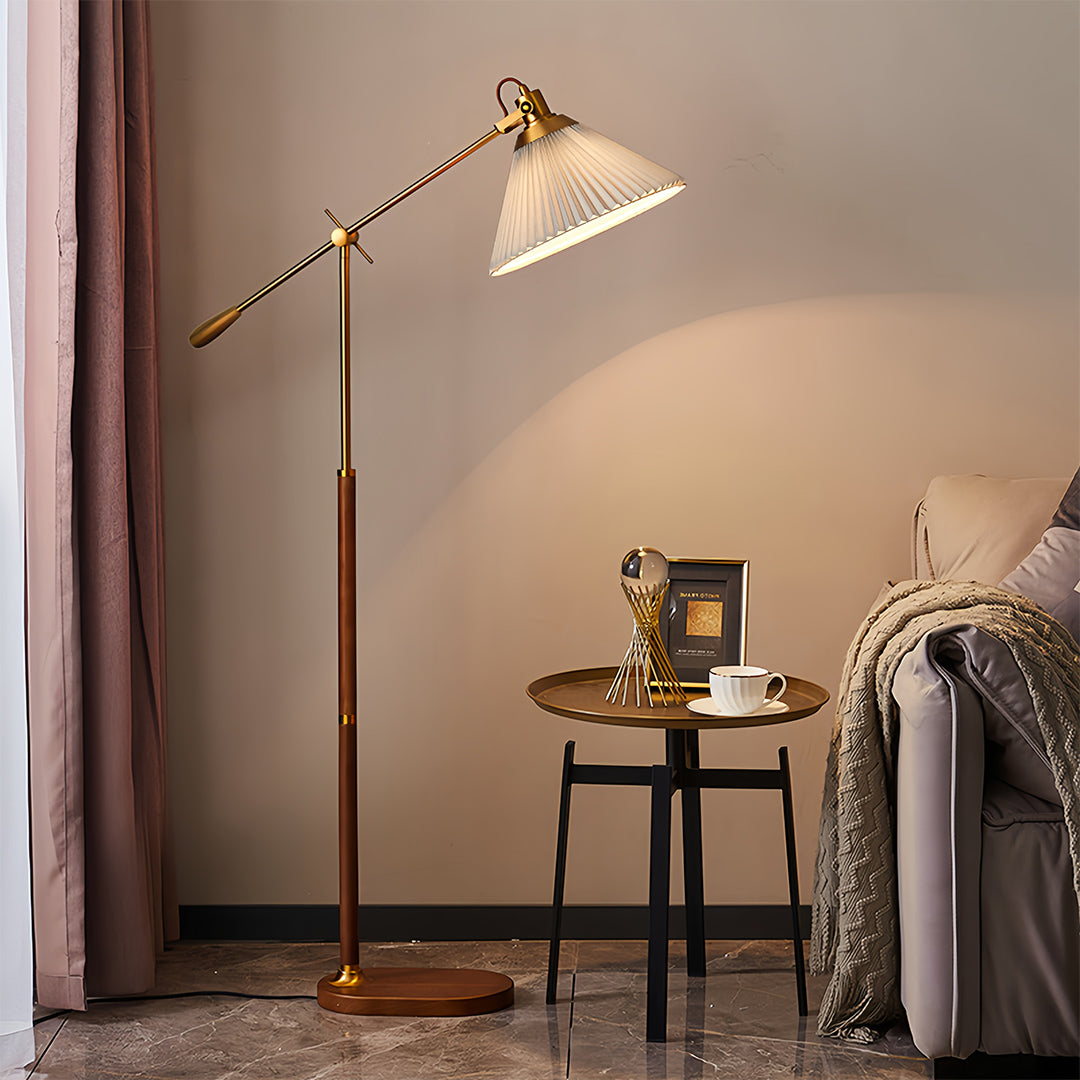 Floor Lamp Adjustable Swing Arm Retro Wood Base Fabric Shade Bedroom Reading Room Lamp