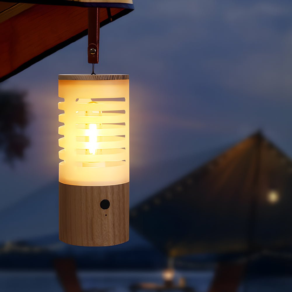 Portable Wood LED Camping Lantern Rechargeable USB Filament Hanging Outdoor Patio Lamp