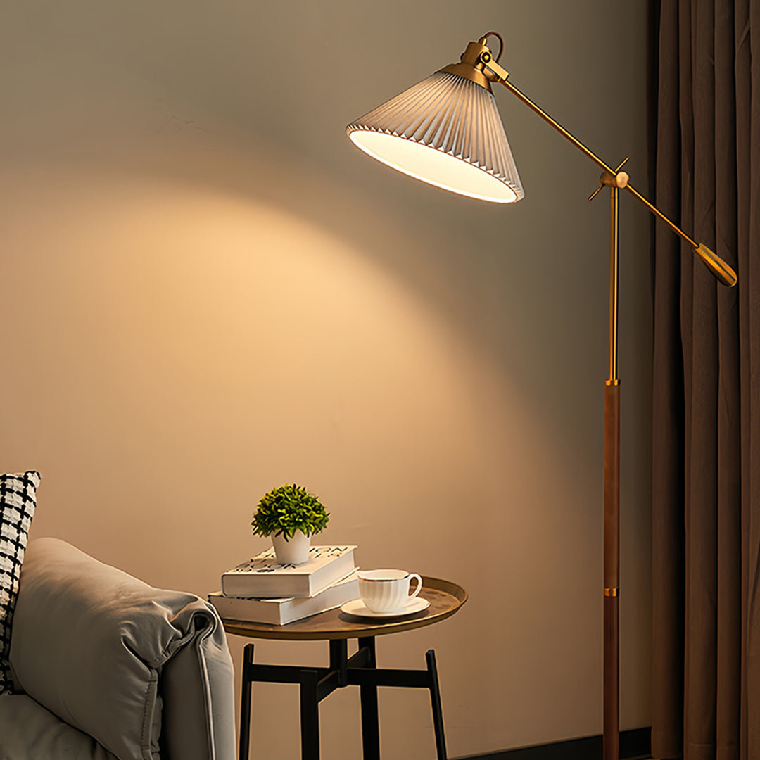 Floor Lamp Adjustable Swing Arm Retro Wood Base Fabric Shade Bedroom Reading Room Lamp